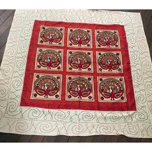 Block Embroidered Indian Cotton Peacock Quilt Light Boho Summer Bedspread Throw